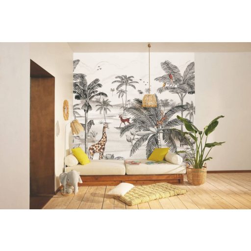 Panoráma pillanatfelvétel egy trópusi kalandról a dzsungel mélyén "L" méret fehér fekete barna és sárga tónus falpanel