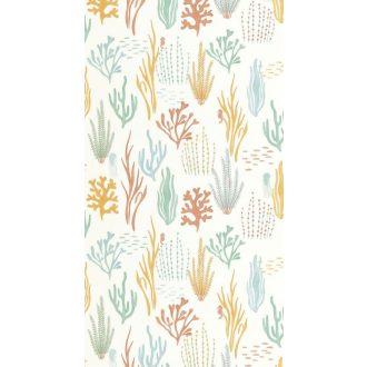   Tenger fenekén ez a látvány fogad - Hínárok algák korallok és apró halak grafikus mintája fehér vízzöld korall és sokszínű tónus gyerektapéta