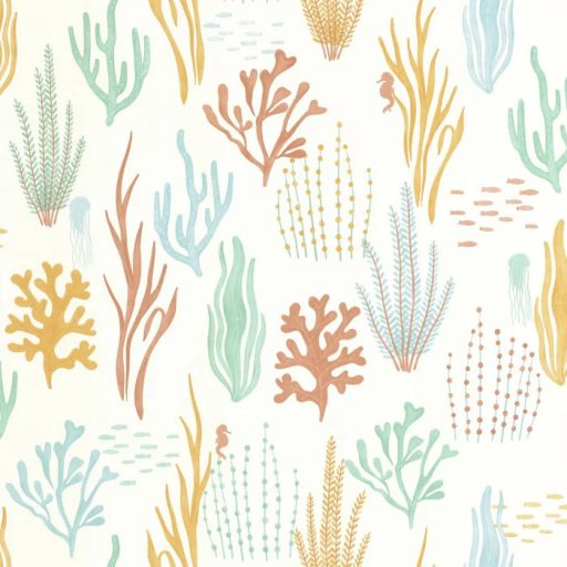 Tenger fenekén ez a látvány fogad - Hínárok algák korallok és apró halak grafikus mintája fehér vízzöld korall és sokszínű tónus gyerektapéta