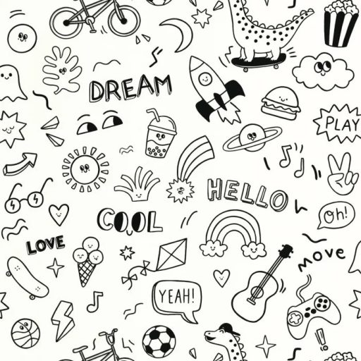 Változatos graffitik mini képregényt alkotó színezhető/kifesthető mintája fehér fekete tónus tapéta