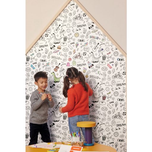 Változatos graffitik mini képregényt alkotó színezhető/kifesthető mintája fehér fekete tónus tapéta