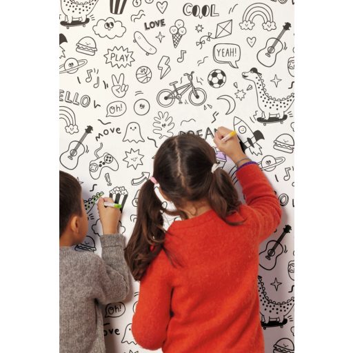 Változatos graffitik mini képregényt alkotó színezhető/kifesthető mintája fehér fekete tónus tapéta