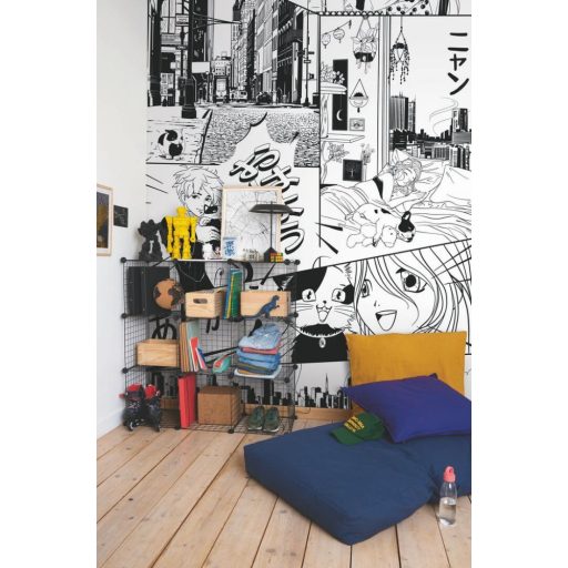 Sajátos és energikus rajzfilmes stílusú (manga) minimalista kép "M" méret fehér és fekete tónus falpanel