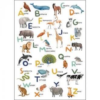   Játékos spanyol ABC tanulás állati illusztrációkkal "M" méret fehér és sokszínű tónus falpanel