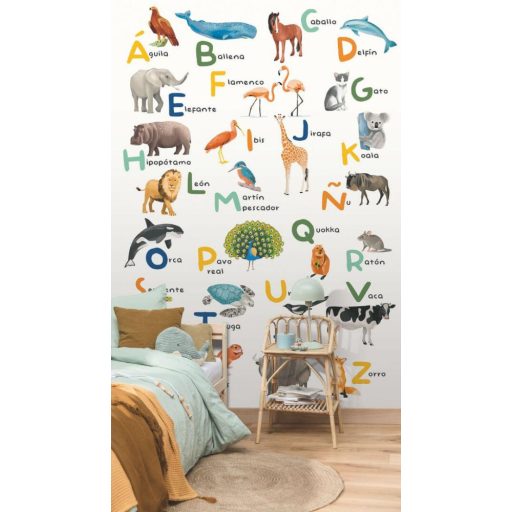 Játékos spanyol ABC tanulás állati illusztrációkkal "S" méret fehér és sokszínű tónus falpanel