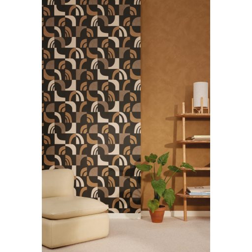 Grafikus geometrikus és hipnotizáló akár lábnyomra emlékeztető ismétlődő 3D minta fekete terrakotta bézs és barna tónus tapéta