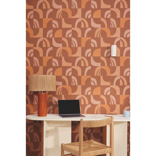 Grafikus geometrikus és hipnotizáló akár lábnyomra emlékeztető ismétlődő 3D minta barna vörösesbarna és terrakotta tónus tapéta