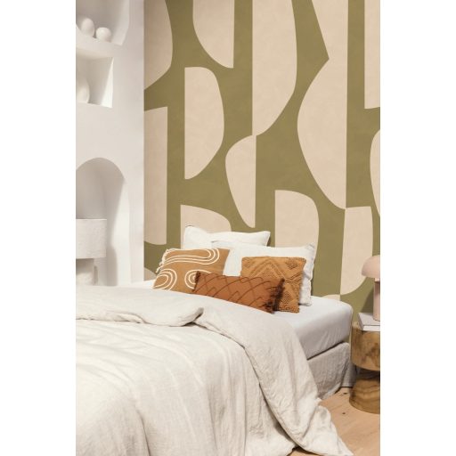 Szavanna állatait ősi fák koronáit vagy száraz földeket időző grafikus totemoszlop panoráma "S" bézs és khakizöld tónus falpanel