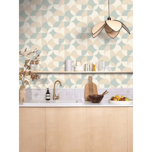 Lekerekített geometriai formák retro jellegű texturált mintája törtfehér pasztell menta-kék és lágy bézs/homokszín tónus tapéta