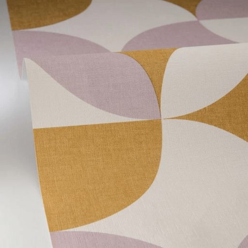 Lekerekített geometriai formák retro jellegű texturált mintája krémfehér aranyos-mézbarna és púderlila tónus tapéta