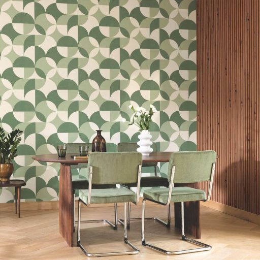 Lekerekített geometriai formák retro jellegű texturált mintája krémfehér avokádózöld és smaragdzöld tónus tapéta