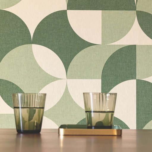 Lekerekített geometriai formák retro jellegű texturált mintája krémfehér avokádózöld és smaragdzöld tónus tapéta