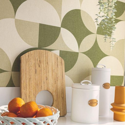 Lekerekített geometriai formák retro jellegű texturált mintája törtfehér zsályazöld és olívzöld tónus tapéta