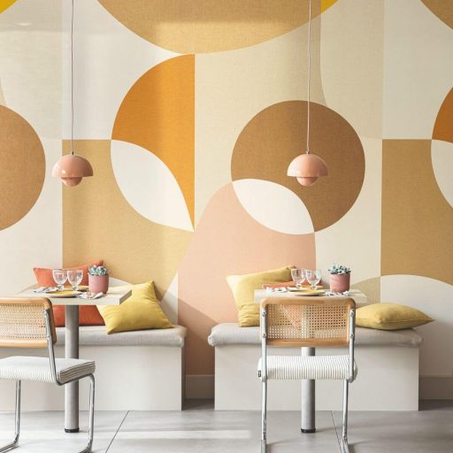 Pszichedelikus motívum igéző kör és ív formákkal dinamikus kompozíció "M" krém bézs arany terrakotta és púderrózsaszín tónus falpanel