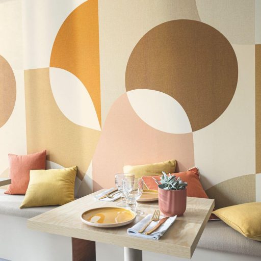 Pszichedelikus motívum igéző kör és ív formákkal dinamikus kompozíció "L" krém bézs arany terrakotta és púderrózsaszín tónus falpanel