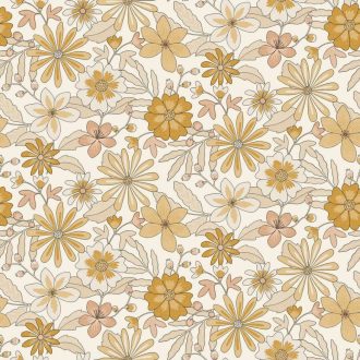   A Flower Power világa és a nagyi mintája összeér! Virágözön kompozíció krém barack és aranyló-mézes mustárszín tónus tapéta