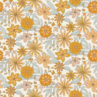   A Flower Power világa és a nagyi mintája összeér! Virágözön kompozíció krém barack mustár narancs és pasztellkék tónus tapéta