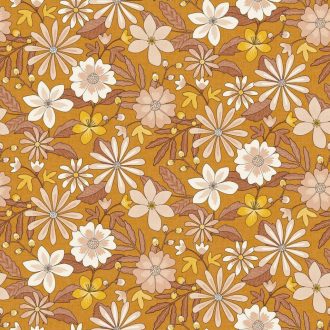   A Flower Power világa és a nagyi mintája összeér! Virágözön kompozíció narancs tejeskávé vajsárga púderrózsaszín és krém tónus tapéta