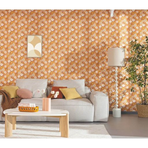A Flower Power világa és a nagyi mintája összeér! Virágözön kompozíció narancs tejeskávé vajsárga púderrózsaszín és krém tónus tapéta