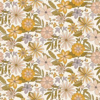   A Flower Power világa és a nagyi mintája összeér! Virágözön kompozíció fehér sáfránysárga levendula-lila és olívzöld tónus tapéta