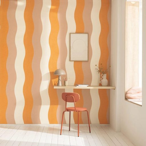 Pszichedelikus hullámfolyam a retro és a béke jegyében krémfehér sárgabarack-narancs és púderrózsaszín tónus tapéta