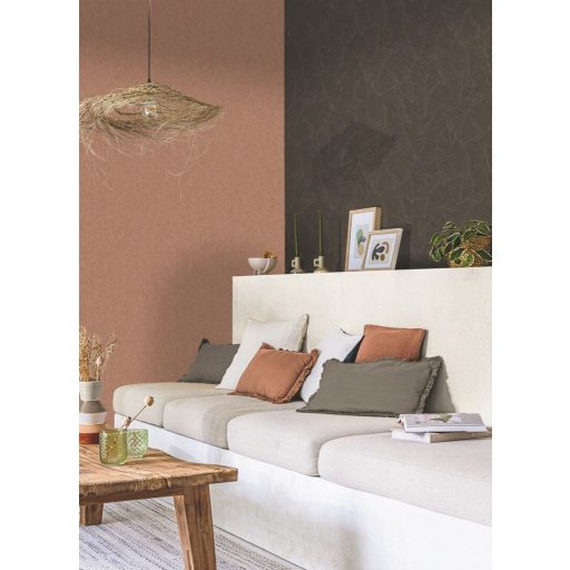 Trópusi elegancia és letisztultság - Banánlevelek organikus kompozíciója sötét gesztenyebarna és roségold/bronz tónus tapéta