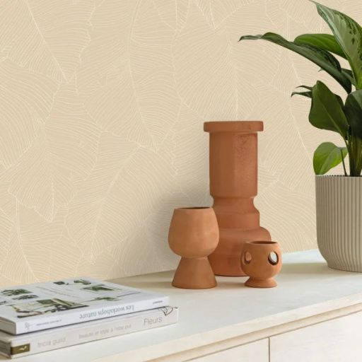 Íves vonalakkal rajzolt absztarkt minimalista levélminta krém/krémfehér és bézs/világosbézs tónus tapéta