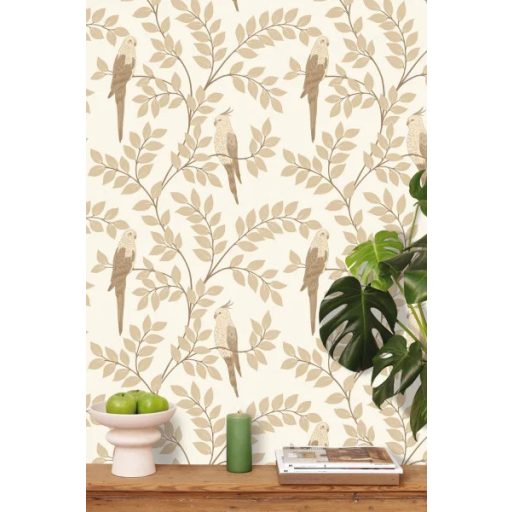 A trópusi képeskönyv legszebb lapja! Leveles ágak papagájokkal krém bézs dióbarna és mogyoróbarna tónus tapéta