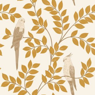   A trópusi képeskönyv legszebb lapja! Leveles ágak papagájokkal fehér bézs okkersárga és barna tónus tapéta