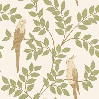   A trópusi képeskönyv legszebb lapja! Leveles ágak papagájokkal fehér bézs mandulazöld és barna tónus tapéta