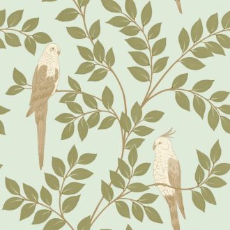   A trópusi képeskönyv legszebb lapja! Leveles ágak papagájokkal halvány kék khakizöld bézs és barna tónus tapéta