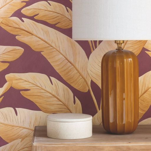 Festett hatású botanikailag hiteles banánlevelek XXL mintája bordó/lila/szilvaszín krém bézs és meleg barna tónus tapéta