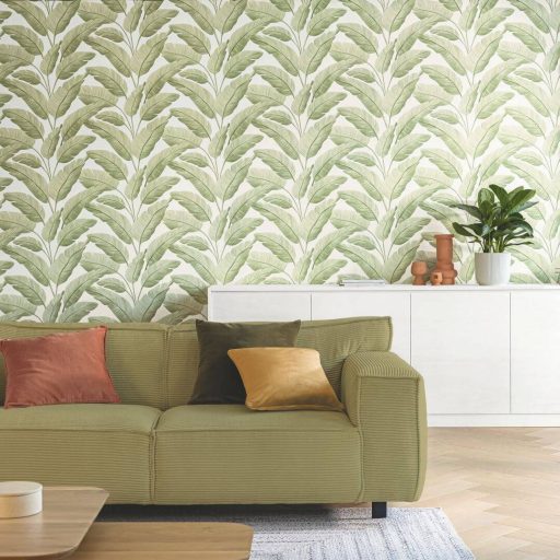 Festett hatású botanikailag hiteles banánlevelek XXL mintája törtfehér zöld és mandulazöld tónus tapéta