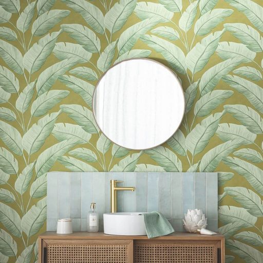 Festett hatású botanikailag hiteles banánlevelek XXL mintája mohaszerű khakizöld/sárgászöld és zöld/levélzöld tónus tapéta