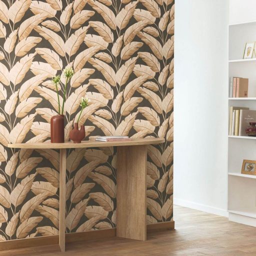 Festett hatású botanikailag hiteles banánlevelek XXL mintája szépiabarna bézs és meleg barna tónus tapéta