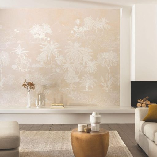 Kézzel vésett megjelenésú trópusi pálmaliget motívum "L" méret halvány homokszín és bézs tónus falpanel