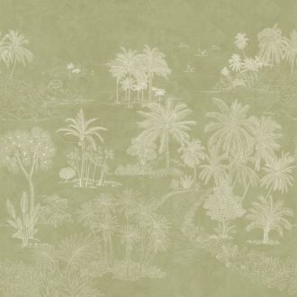   Kézzel vésett megjelenésú trópusi pálmaliget motívum "M" méret pasztell olajzöld fehér és teazöld tónus falpanel