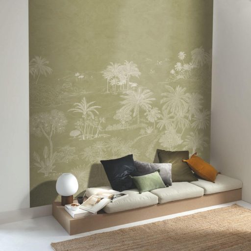 Kézzel vésett megjelenésú trópusi pálmaliget motívum "M" méret pasztell olajzöld fehér és teazöld tónus falpanel