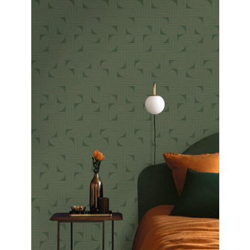 Letisztult elegáns és sugárzó Art deco inspirációjú geometriai minta sötétzöld és arany/bézsarany tónus fémes mintarajzolat tapéta