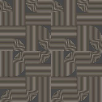   Letisztult elegáns és sugárzó Art deco inspirációjú geometriai minta mély szürkésbarna/antracit és arany tónus fémes mintarajzolat tapéta