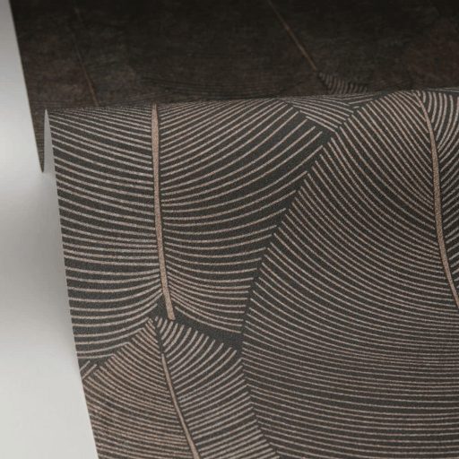 Természetes és elegáns stilizált grafikus levélmintázat sötét szürkésbarna/antracit arany/bronz tónus fémes mintarészletek tapéta