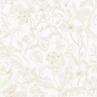   Grafikus megjelenítésű virágálom - kerti virágok és levelek csodaszép dekorja fehér és fémes arany tónus mintafény tapéta