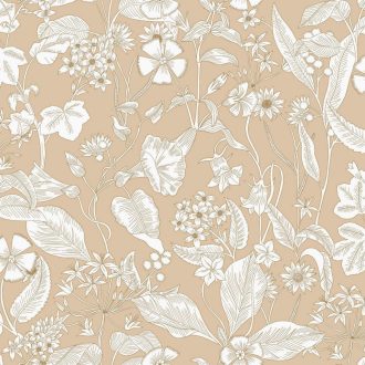   Grafikus megjelenítésű virágálom - kerti virágok és levelek csodaszép dekorja bézs fehér és fémes aranybarna tónus mintafény tapéta