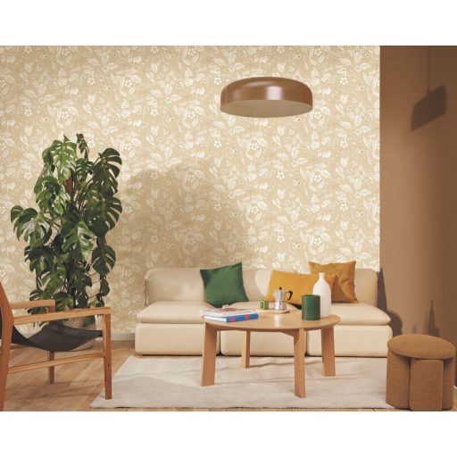 Grafikus megjelenítésű virágálom - kerti virágok és levelek csodaszép dekorja bézs fehér és fémes aranybarna tónus mintafény tapéta