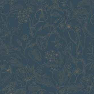   Grafikus megjelenítésű virágálom - kerti virágok és levelek csodaszép dekorja mélykék és arany/bézsarany tónus mintafény tapéta