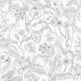   Grafikus megjelenítésű virágálom - kerti virágok és levelek csodaszép dekorja fehér és sötétszürke tónus mintafény tapéta
