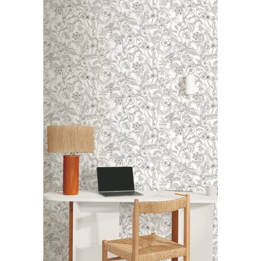 Grafikus megjelenítésű virágálom - kerti virágok és levelek csodaszép dekorja fehér és sötétszürke tónus mintafény tapéta