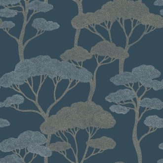   Békés álom! Séta egy Fantasy erdőben grafikus design kék íriszfehér és bézsarany tónus fémes mintarajzolat tapéta