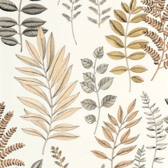   Herbárium ihlette vizuális virágos költemény fehér bézs aranysárga szürkészöld és fekete tónus tapéta