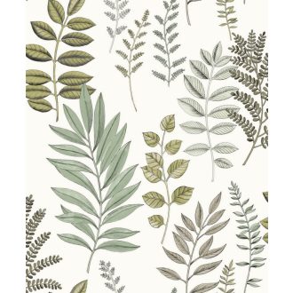   Herbárium ihlette vizuális virágos költemény fehér olajzöld pisztácia szürkészöld és bézs tónus tapéta